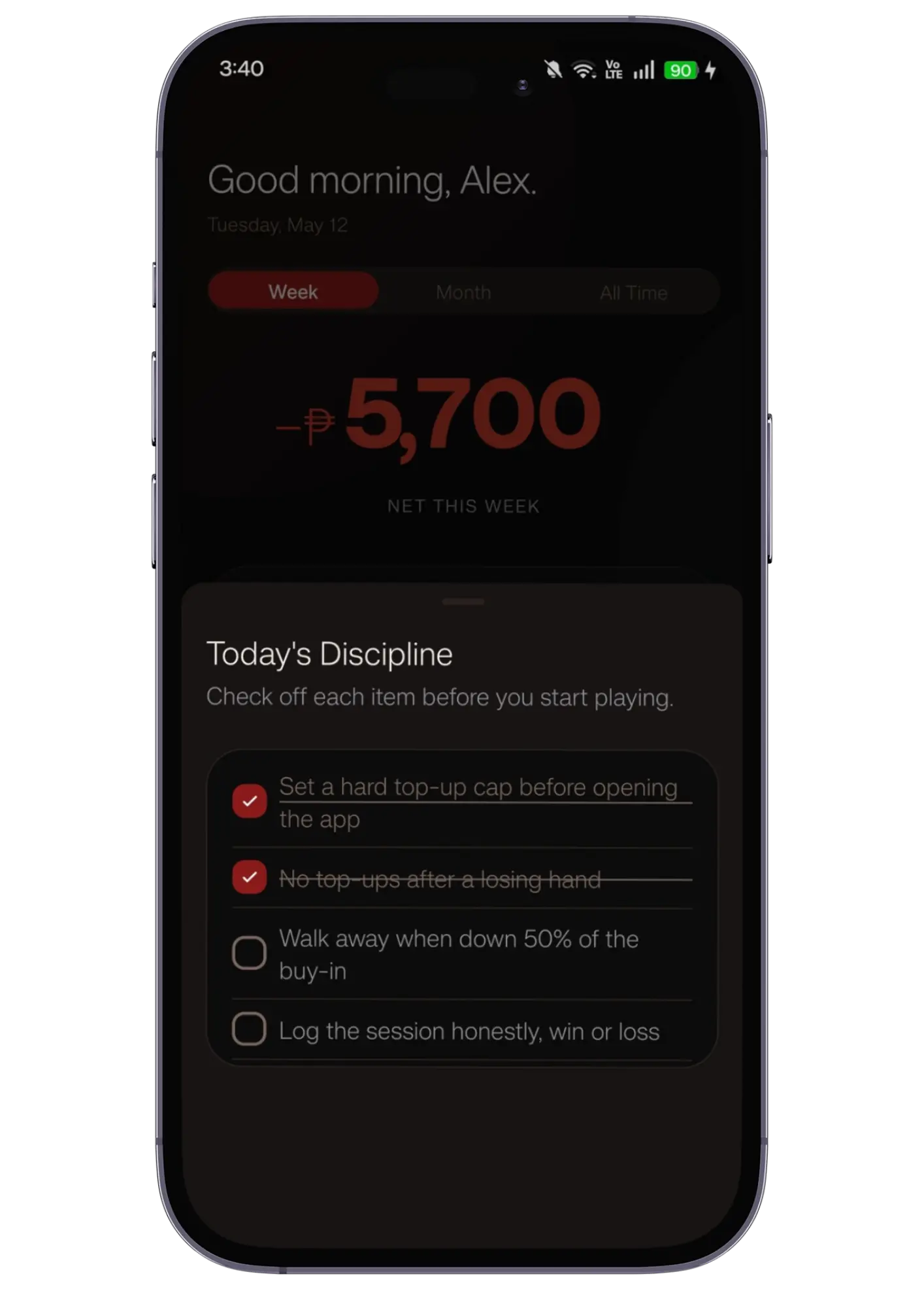 Tilted dashboard — net this week with a discipline checklist below.
