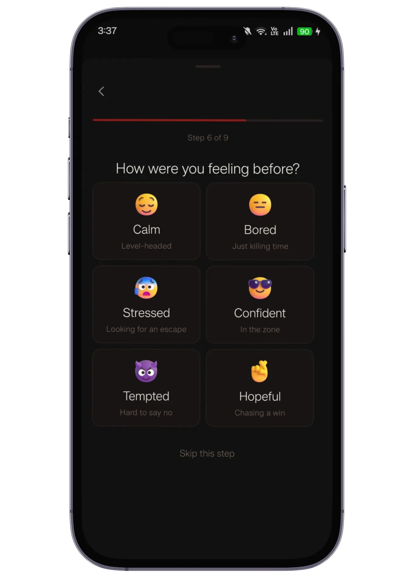Tilted onboarding mood selection screen — calm, bored, stressed, confident, tempted, hopeful.