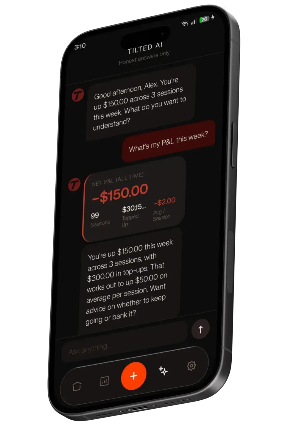 Tilted AI answering a question about weekly profit and loss.