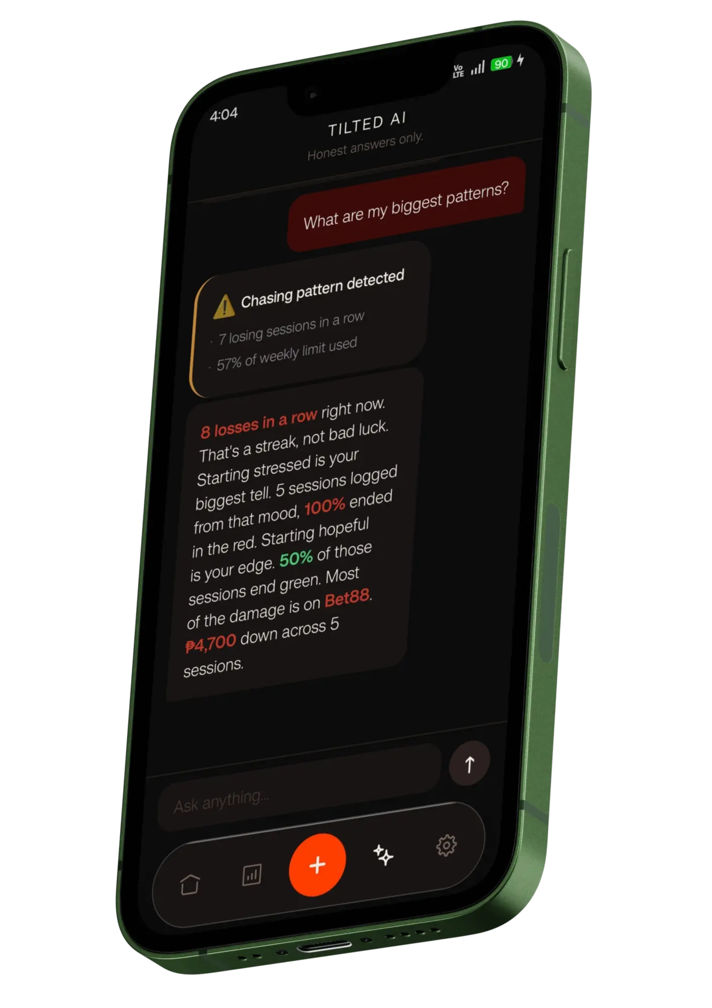 Tilted AI chat surfacing a chasing-pattern warning.