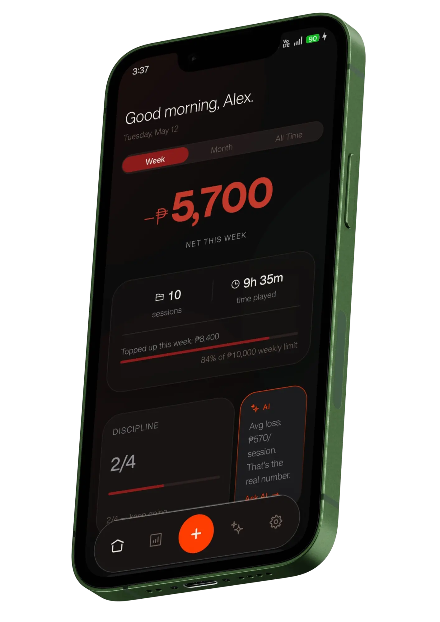 Tilted dashboard — week net, sessions, time played.